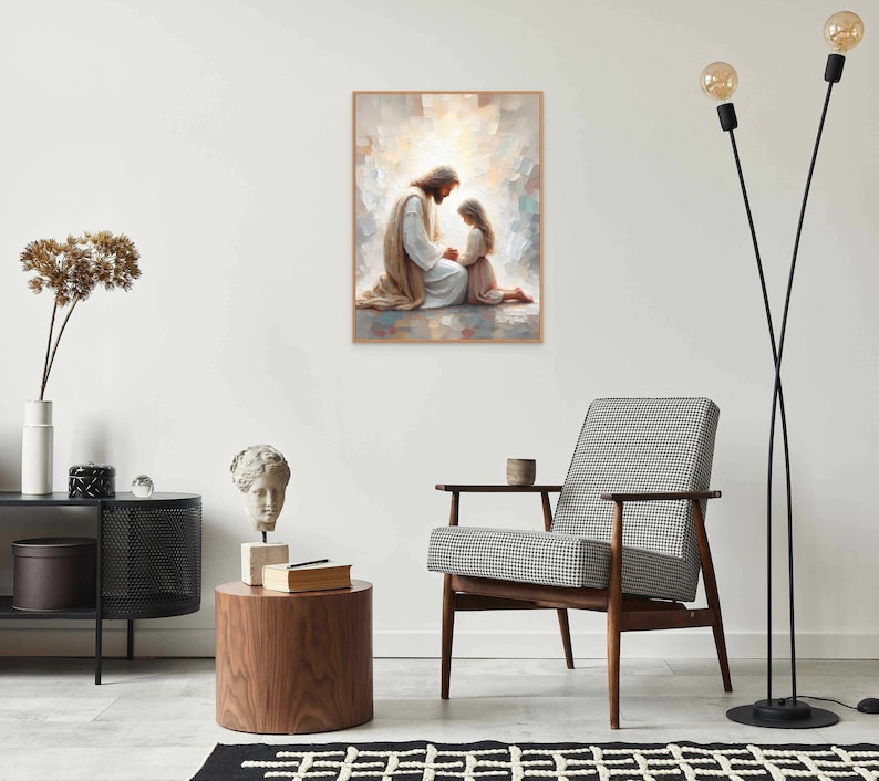 May include: A painting of a man in a white robe kneeling with a young girl in a white dress. The man is looking down at the girl, and the girl is looking up at the man. The painting is set against a light background with a soft glow.