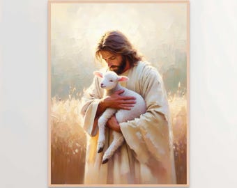 Puede incluir: Una pintura enmarcada representa una figura con túnicas blancas sosteniendo un cordero blanco. La figura tiene cabello castaño largo y barba, con una luz suave y cálida que ilumina la escena. El fondo presenta un campo de hierba alta.