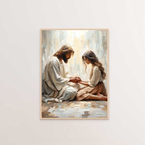 Consuelo en Él, Arte cristiano moderno, Jesús y ella, Retrato de Jesús, Arte SUD, Arte bíblico para la pared, Arte imprimible, Jesús y una mujer tomados de la mano