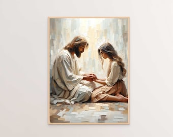 Comfort in Him, Modern Christian Art, Jesus and Her, Jesus Portrait, LDS Art, Bible Wall Art, Printable Art, Jesus and Woman Holding Hands
