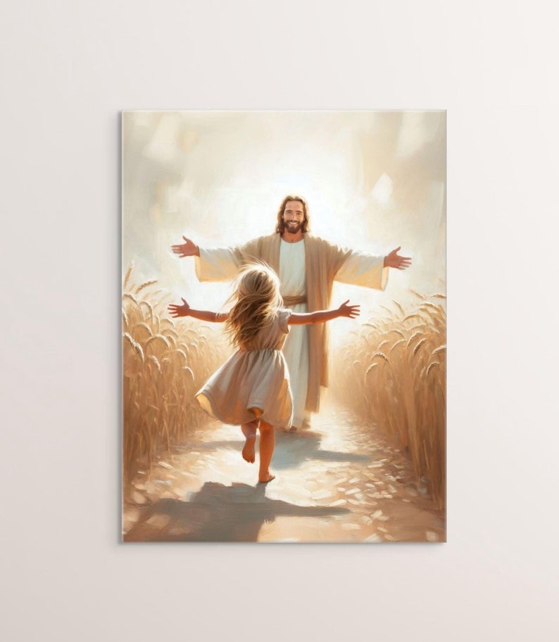 May include: A painting of a young girl running towards a man with outstretched arms. The man is wearing a white robe and has a kind expression on his face. The background is a field of wheat.