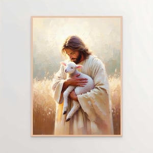 El pastor y el cordero, arte cristiano, impresión de Jesús, arte mural de Jesús, arte bíblico, Jesús con cordero, imagen de Jesús, arte de Jesús, deja el 99