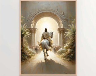 Puede incluir: Una pintura de una persona montando un caballo blanco a través de un gran arco. La persona lleva una túnica blanca y cabalga hacia una luz brillante. El arco está rodeado de columnas y hay personas de pie a ambos lados del arco.
