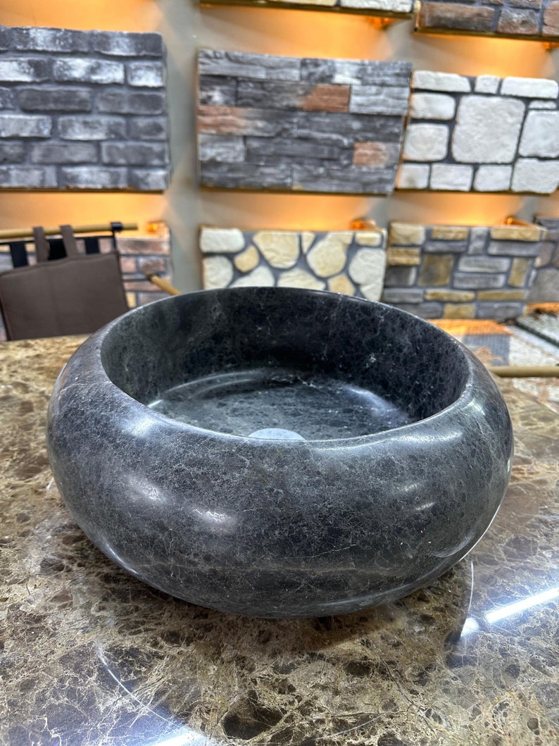 Marble Sink Vessel Antique Sink on Top Counter Black Handcrafted and