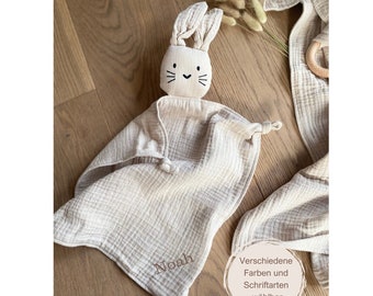 Kuscheltuch Hase creme, Schnuffeltuch, Musselintuch, Geburtsgeschenk, Schmusetuch mit Namen, personalisiert, Geburt, Taufe, Babyparty, beige