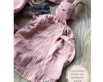 Kuscheltuch Hase rosa, Schnuffeltuch, Musselintuch, Geburtsgeschenk, Schmusetuch mit Namen, personalisiert, Geburt, Taufe, Babyparty, Stick