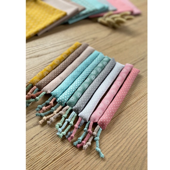 Beißring Baby Baumwolle waschbar | Greifling Kaustange handgemacht Rosa Blau Gelb Grün | Geschenk Geburt Junge Mädchen | Zahnungshilfe Stoff