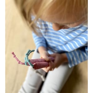 以下が含まれることがあります： ピンクとグリーンの編みぐるみで、タツノオトシゴの形をしています。おもちゃは白い水玉模様で、子供が持っています。