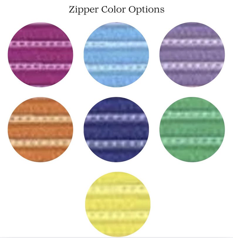 Puede incluir: Imagen que muestra siete muestras de color circulares de opciones de cremallera. Los colores incluyen morado, azul claro, lavanda, naranja, azul marino, verde y amarillo. El texto en la parte superior dice "Opciones de color de cremallera."