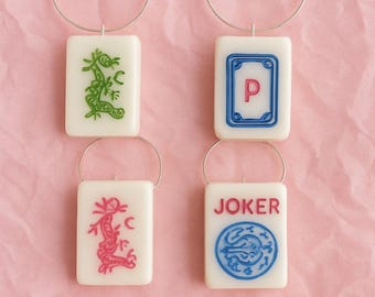 Mahjong Wine Glass Charms Set of 4 Pink Backing
