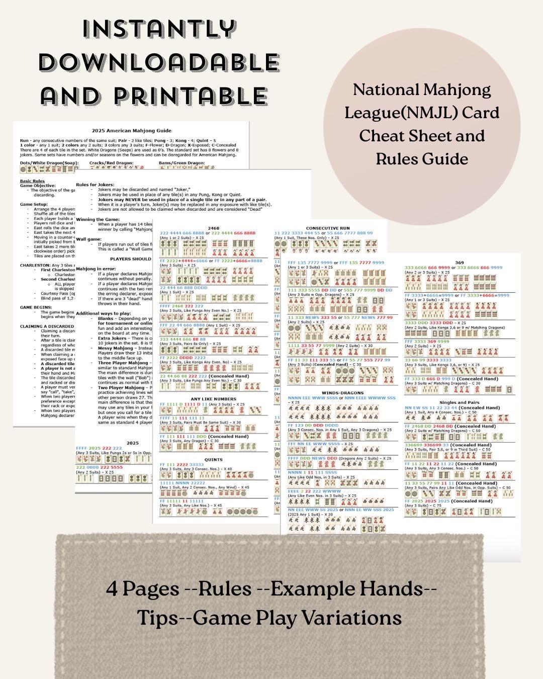 Maoページ 2026 NMJL Mahjong Hand Guide, Beginner Cheat Sheet (digital