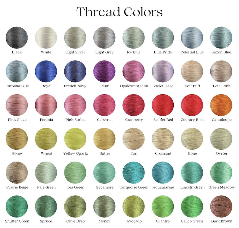 Puede incluir: Una carta de colores que muestra una variedad de colores de hilo. La carta incluye una gama de tonos, desde el negro y el blanco hasta tonos vibrantes de rojo, azul y verde. El texto "Thread Colors" est&aacute; en la parte superior.