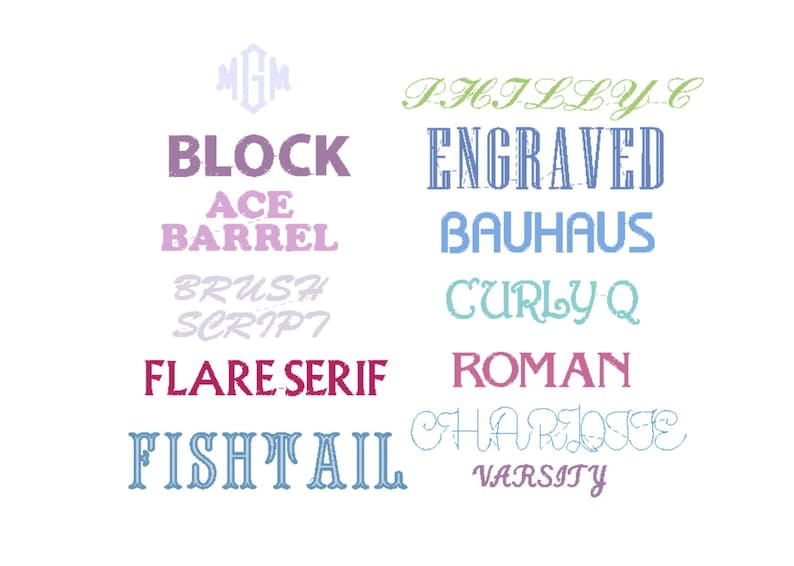 Puede incluir: Un fondo blanco muestra varios estilos de fuente en diferentes colores. Las fuentes incluyen "BLOCK", "ACE", "BARREL", "FLARE SERIF", "FISHTAIL", "ENGRAVED", "BAUHAUS", "CURLY Q", "ROMAN" y "VARSITY".
