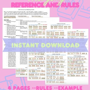 May include: A reference guide for American Mahjong, with rules, examples, and tips. The guide covers hands, game play, and tile combinations. The text is displayed on four pages with the title "Mahjong REFERENCE AND RULES".