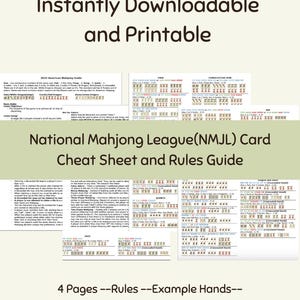 Könnte beinhalten: Ein druckbarer Leitfaden für das Kartenspiel der National Mahjong League (NMJL). Der Leitfaden enthält Regeln, Beispielhände und Tipps. Der Text "Instantly Downloadable and Printable" steht oben. Der Leitfaden ist 4 Seiten lang.