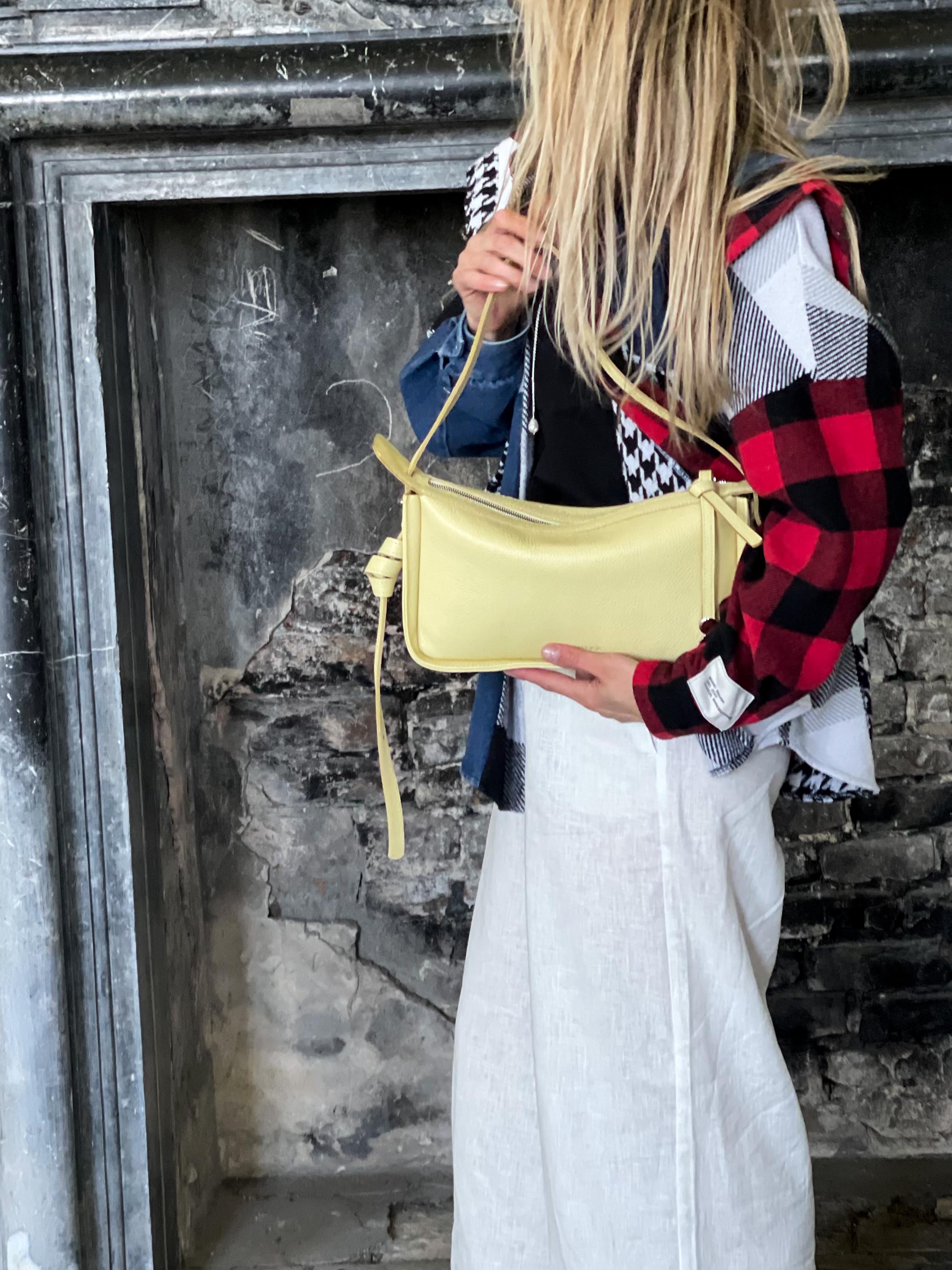 Small Yellow Leather Shoulder Bag – Minimalist Crossbody Purse – Adjustable Strap – Handmade