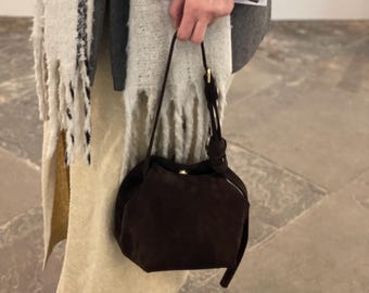 Handmade Suede Mini Bucket Bag, Dark Chocolate Crossbody
