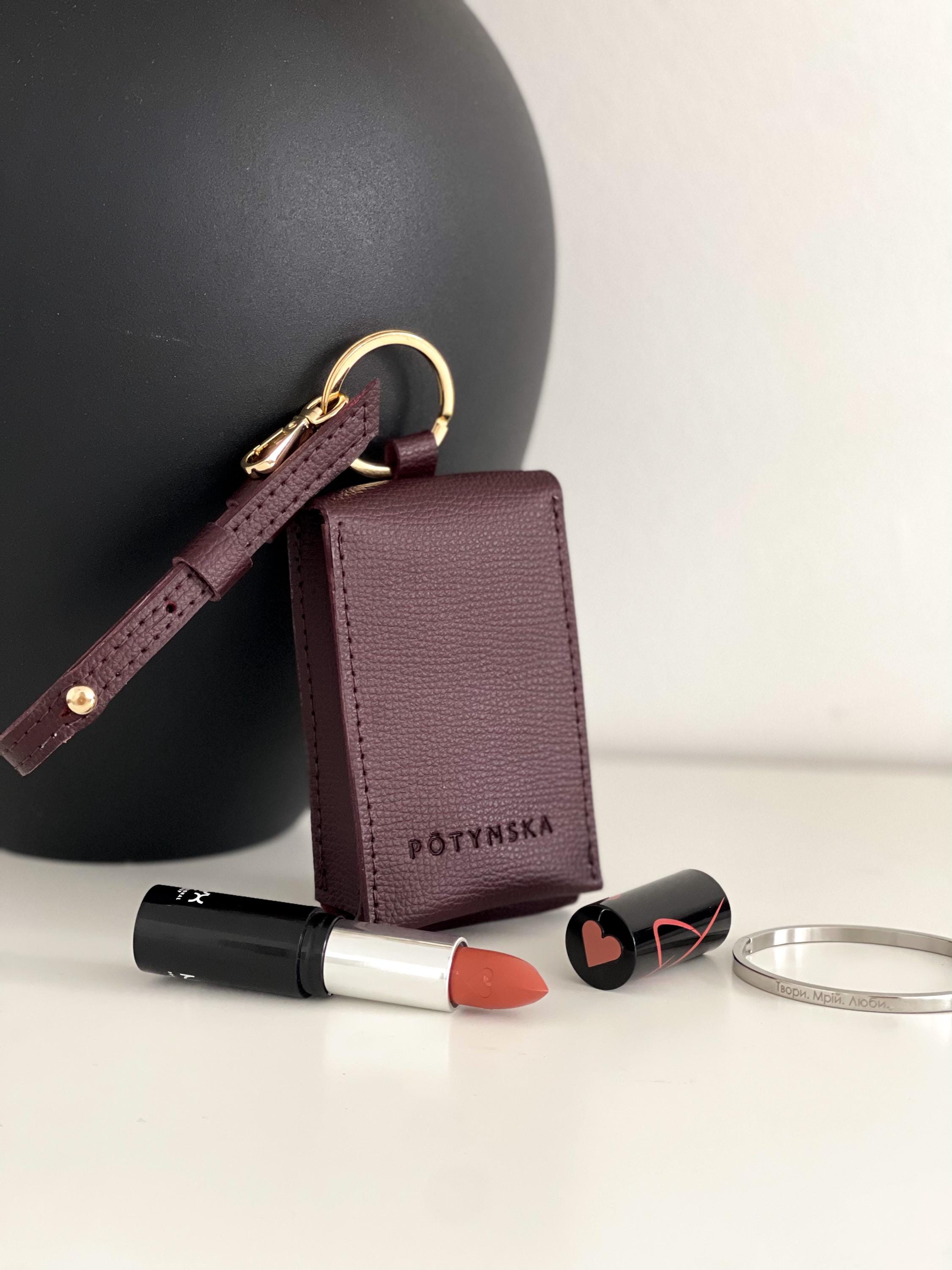 Handmade Leather Lipstick Case with Mirror: Compact Purse Bag Charm
