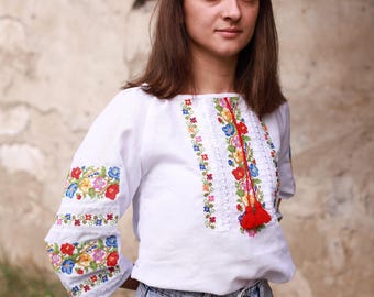 Ukrainian Floral Vyshyvanka Blouse, White Embroidered Shirt for Women, Boho Folk Top, Ukrainian Gift, Ethnic Clothing,