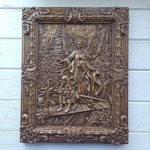 Picture guardian angel with children. Wood carving. Handmade gift. Wall decor. Wooden picture.