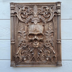 Skull. Skull wood. A carved skull made of wood. Dark art. Santa Muerte. Panel skull. Skull painting.  Carved wood products. Picture of wood.
