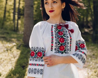 Ukrainian Vyshyvanka Blouse, Floral Embroidered Shirt, Red Flower Embroidery, Traditional Ukrainian Clothing, Boho Blouse, Gift for Her