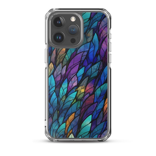 Colorful Glass Fantasy Feathers Pattern Phone Case for iPhone 15 Pro Max, 14, 13, 12, 11, XS, XR, Unique Gift, Slim