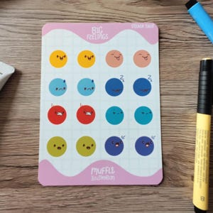Hoja de pegatinas de grandes sentimientos / Ilustraciones kawaii para emociones / Felicidad, tristeza, emoción y más / Pegatinas divertidas para diarios, agendas y bujos