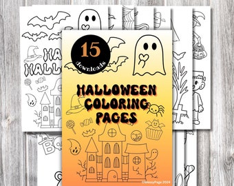 May include: A set of 15 printable Halloween colouring pages featuring ghosts, bats, witches, pumpkins, and more. The pages are black and white and ready to be coloured. The text on the cover reads "15 downloads" and "Halloween Colouring Pages".