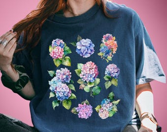 Hydrangea Tshirt Comfort Colors Mothers Day Boho Style Pink Hydrangea Botanical Aesthetic Flower Shirt Nature Lover Blue Hydrangea Boho Tee