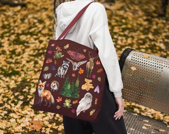 Fall Forest Tote, Autumn Aesthetic Reusable Shopping Bag, Fall Forest Creatures Carryall