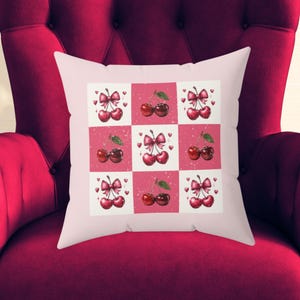 Cherry Coquette Girlie Distressed Cherries Color Block Square Throw Pillow Cherry Accent Pillow Bows and Cherries Home Decor Cherries Pillow