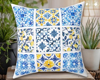 Amalfi Coastal Throw Pillow Italian Coast Yellow and Blue Accent Pillow Home Decor Amalficore Aesthetic Square Pillow Living-Room-Decor
