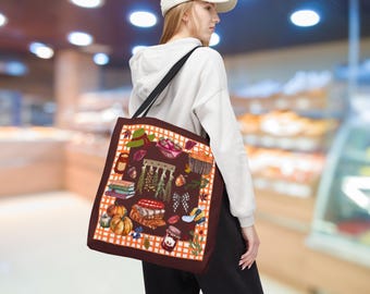 Fall Gingham Tote, Autumn Aesthetic, Resuable Shopping Bag, Cozy Core Carryall