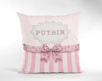 Rude Funny Pink Coquette Pillow, Cottagecore Throw Pillow, Girly Dorm Bedroom Decor, French Expletive