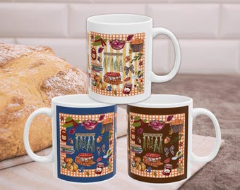Fall Gingham Maximalist Mug, Autumn Aesthetic Coffee Cup, Dorm Housewarming New Apartment Gift, Pumpkin Season