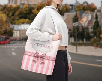 French Expletive Tote, Pink Coquette Reusable Shopping Bag, Cozy Core Carryall