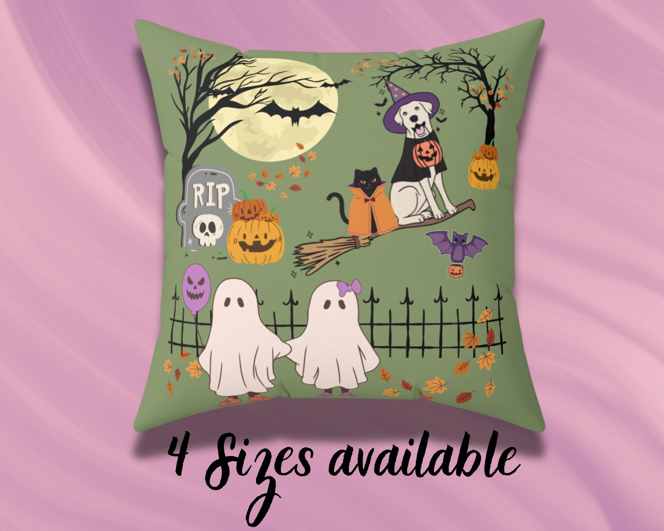 Coussin Halloween 50x30cm Fantômes Citrouilles & Chats Noirs - Housse & Oreiller Décoratif Rose