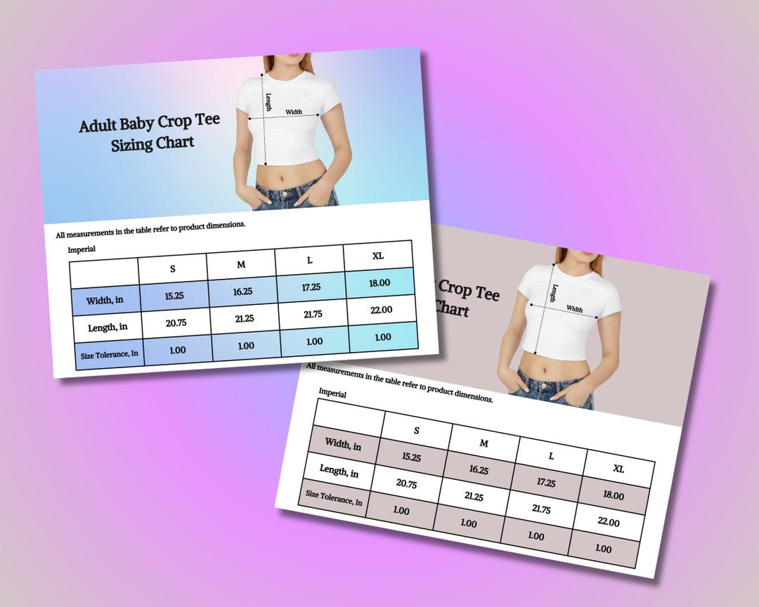 Women's Baby Tee Sizing Charts, Printify Crop Top Size Chart