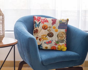 Fall Maximalist Throw Pillow, Autumn Decor, Scrapbooking Aesthetic Decorative Square Pillow, Housewarming Student Dorm Gift