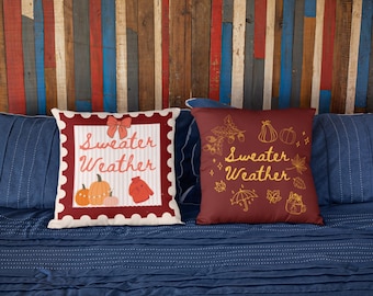 Sweater-weather Throw Pillows, Fall Autumn Decor, Dorm Living Room Bedroom Decorative Pillow, Pumpkins Season Cozy Core
