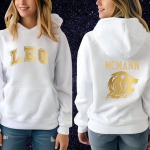 Leo Custom Name Gold Varsity Zodiac Hoodie Personalized Astrology Sweatshirt Birthday Sweatshirt Gold Lettering Custom Zodiac Sweatshirt Leo