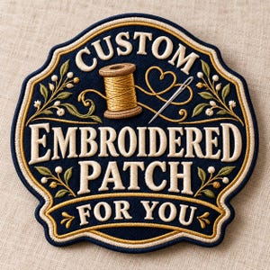 Puede incluir: Un parche bordado azul marino con borde festoneado, que presenta el texto CUSTOM EMBROIDERED PATCH FOR YOU en color crema. El diseño incluye un carrete de hilo dorado, una aguja plateada y ramas florales decorativas verdes y crema.