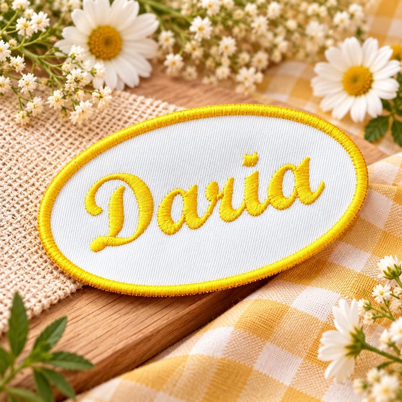 May include: An oval-shaped embroidered patch featuring a white fabric base with a bright yellow stitched border. The name Daria is embroidered in the center in a bold, cursive yellow script font with a distinct yellow thread texture.