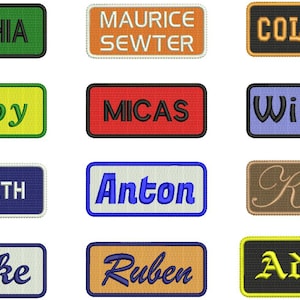 May include: Twelve rectangular embroidered patches with various names, including Sophia, Maurice Sewter, Coleen, Abby, Micas, Wilkes, Gareth, Anton, Kerri, Luke, Ruben, and Adam. The patches are in various colors, including green, orange, brown, yellow, red, blue, and white.
