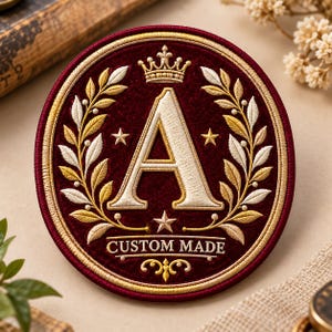 May include: A circular embroidered patch featuring a deep burgundy velvet background with a large cream-colored letter A in the center. It is surrounded by gold and cream laurel leaves, a crown, three stars, and the text CUSTOM MADE.