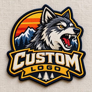 May include: An embroidered patch featuring a snarling wolf head against a mountain and forest backdrop with a sunset sky. The design includes a dark blue border and a yellow banner at the bottom with the white text CUSTOM LOGO and three small white pine trees.