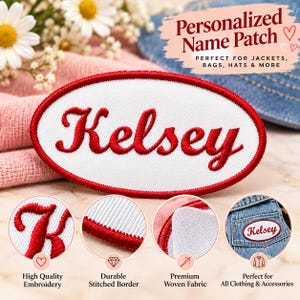 May include: An oval-shaped embroidered patch with a white background and a red stitched border. The name Kelsey is embroidered in red cursive script across the center. The patch is displayed with circular detail views showing the embroidery, border, and fabric.