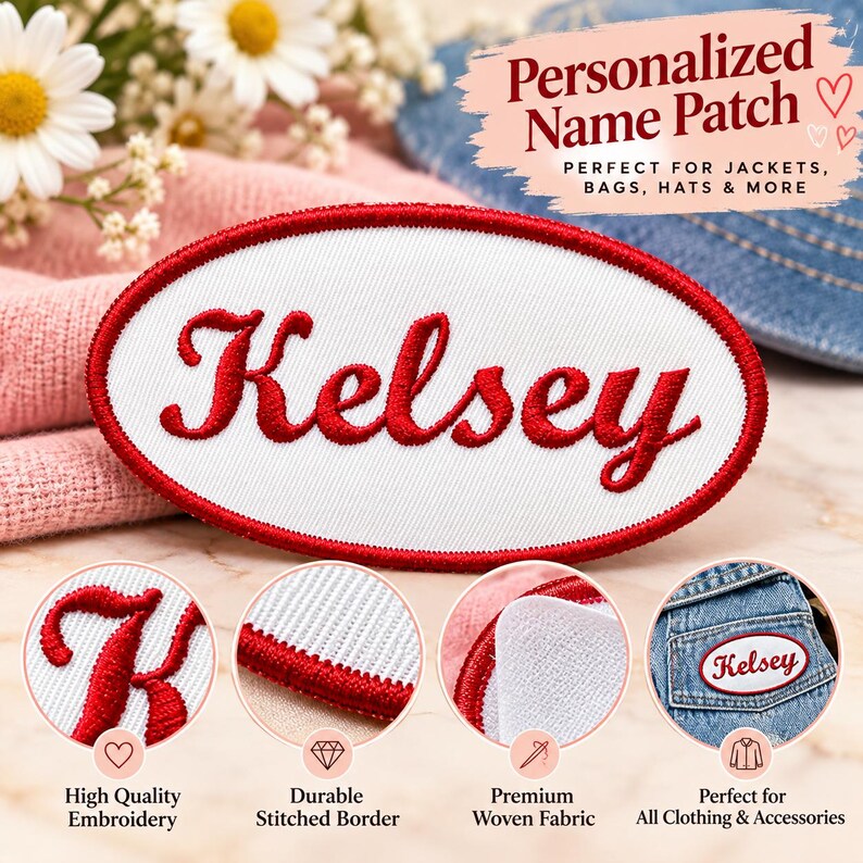 May include: An oval-shaped embroidered patch with a white background and a red stitched border. The name Kelsey is embroidered in red cursive script across the center. The patch is displayed with circular detail views showing the embroidery, border, and fabric.