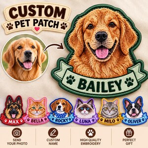 Może przedstawiać: Personalizowana haftowana naszywka ze zwierzęciem przedstawiająca portret golden retrievera z imieniem BAILEY na wstążce. Poniżej znajduje się sześć mniejszych naszywek z różnymi rasami psów i kotów o imionach Max, Bella, Rocky, Luna, Milo i Oliver. Tekst: CUSTOM PET PATCH.